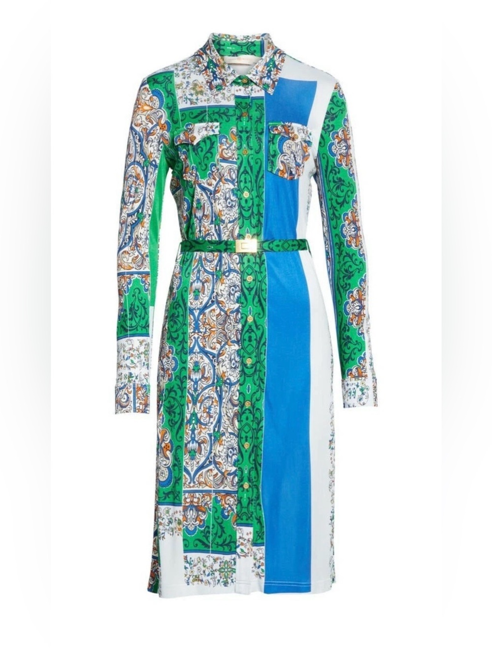 Tory Burch Green and Blue Patchwork Long-Sleeve Shirt Dress